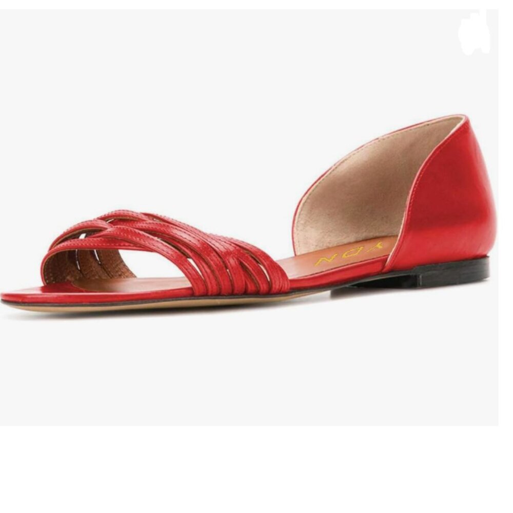 YDN Red Open Toe D'Orsay Ballet Flat Sandals Comfort Slip On Summer Walking Shoe